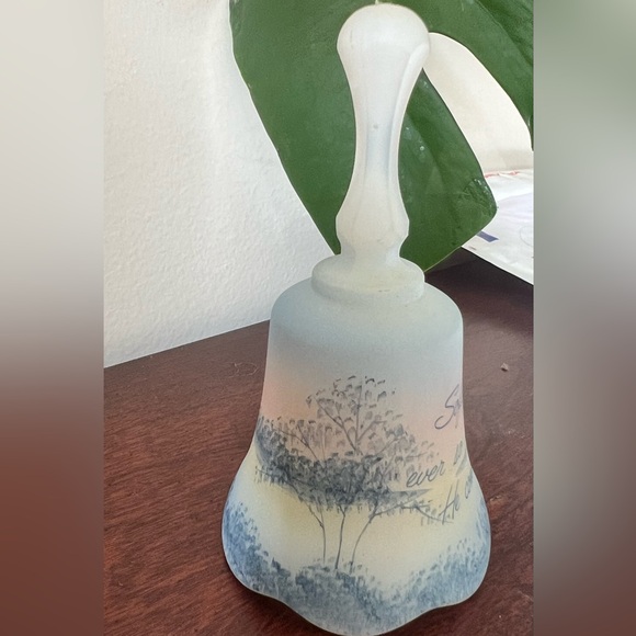 Fenton Vintage Signed Art Glass Blue Satin Hand Painted Bell So Gently He Comes - Picture 6 of 10